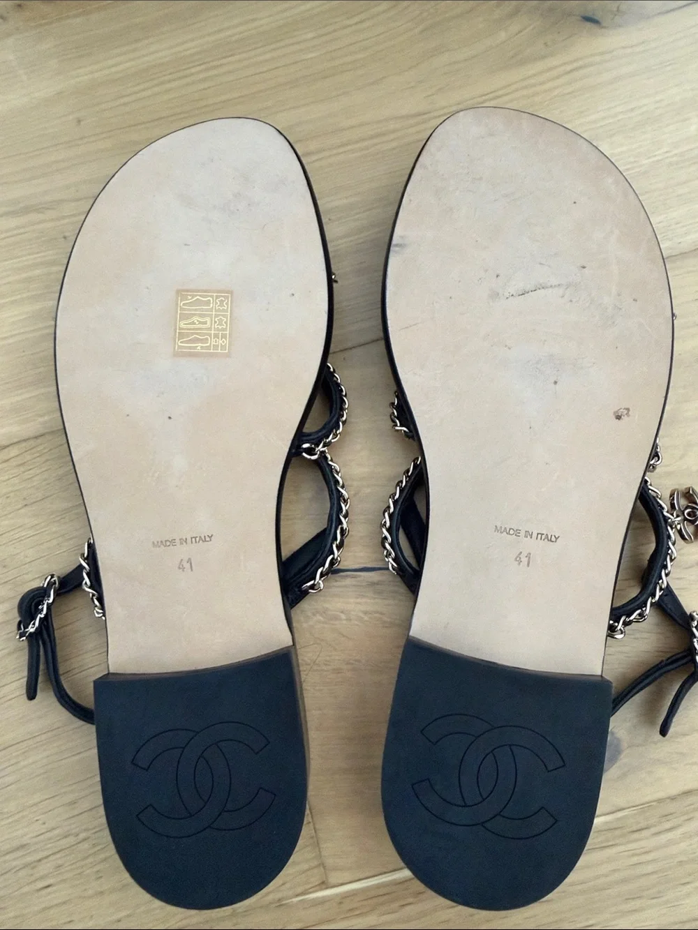 CHANEL Black Leather Chain-Strap Sandals with Gold CC Charm